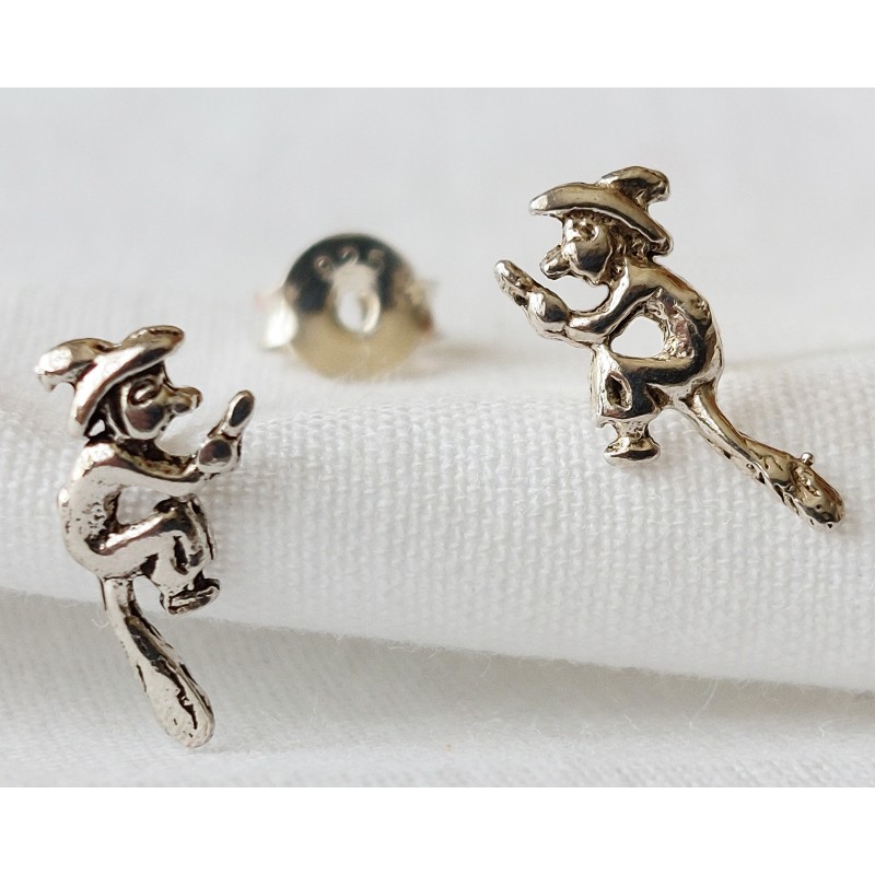 Sterling Silver Flying Witch On Broomstick Stud Earrings Sterling Silver Flying Witch On Broomstick Stud Earrings