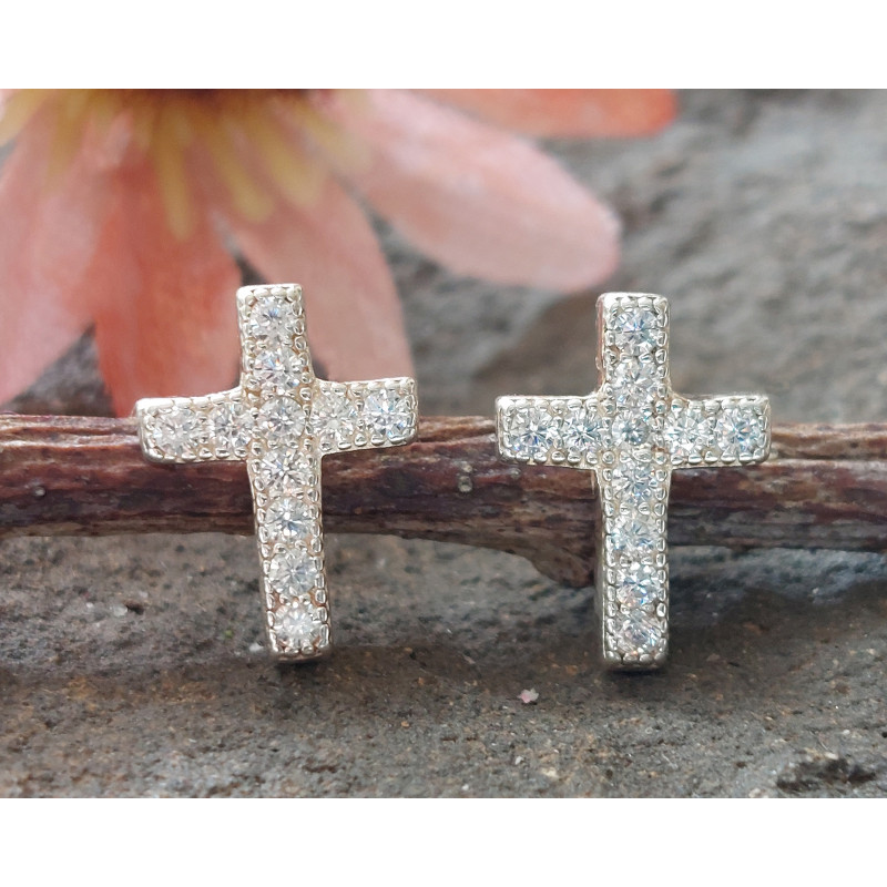 Silver  Zirconia Cross Stud Earrings