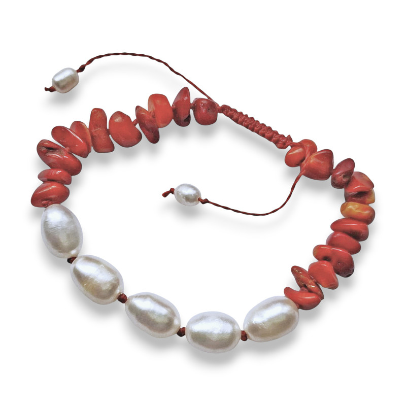Pearl and Coral Beaded Cord Bracelet Pearl and Coral Beaded Cord Bracelet