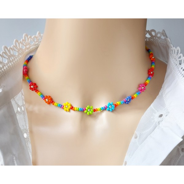 Rainbow Daisy Flower Chain Necklace