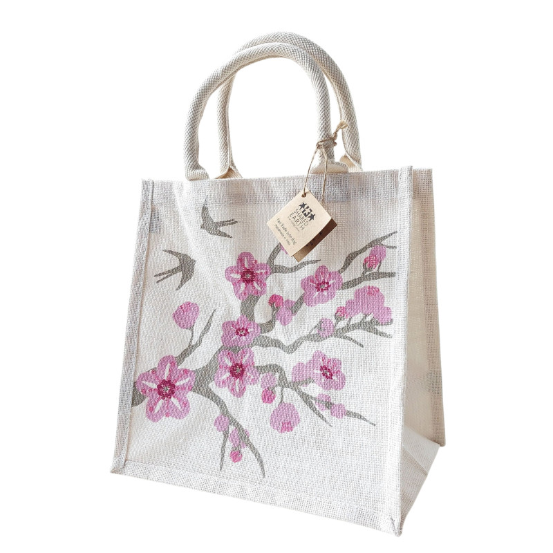 Jute Bag - Cherry Blossoms with Swallows Jute Bag - Cherry Blossoms with Swallows