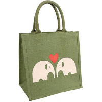 Green Jute Bag - Elephants