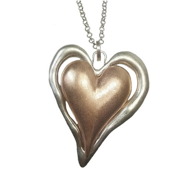 Lagenlook Two Colour Silver and Rose Gold Heart Long Necklace