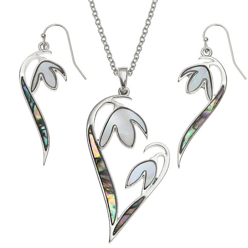 Snowdrop Flower Abalone Paua Shell Pendant Necklace and Earrings Set Snowdrop Flower Abalone Paua Shell Pendant Necklace and Earrings Set