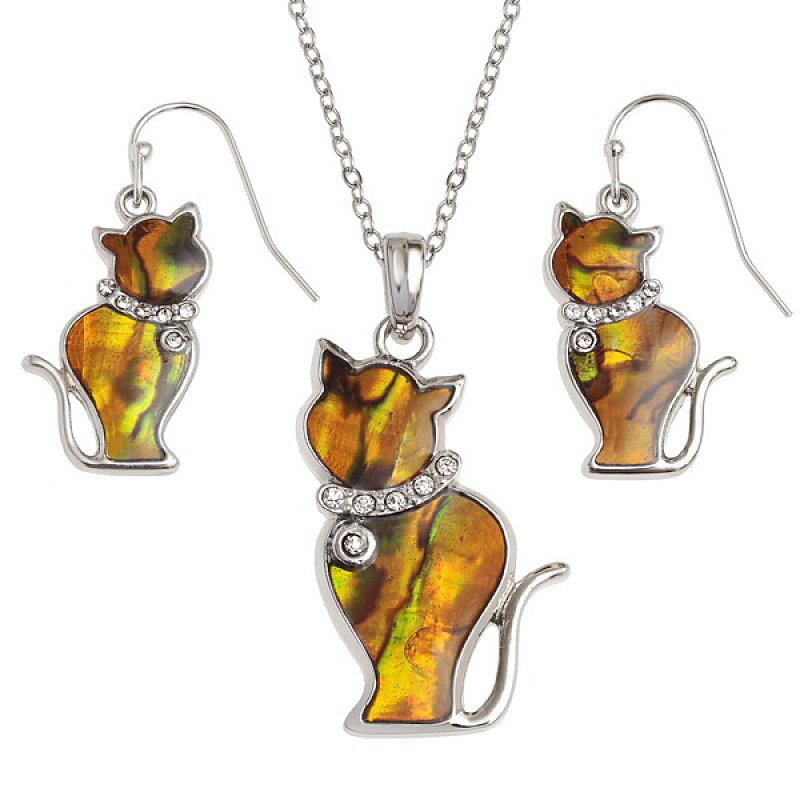 Cat Paua Abalone Shell Pendant Necklace and Drop Earrings Set Cat Paua Abalone Shell Pendant Necklace and Drop Earrings Set