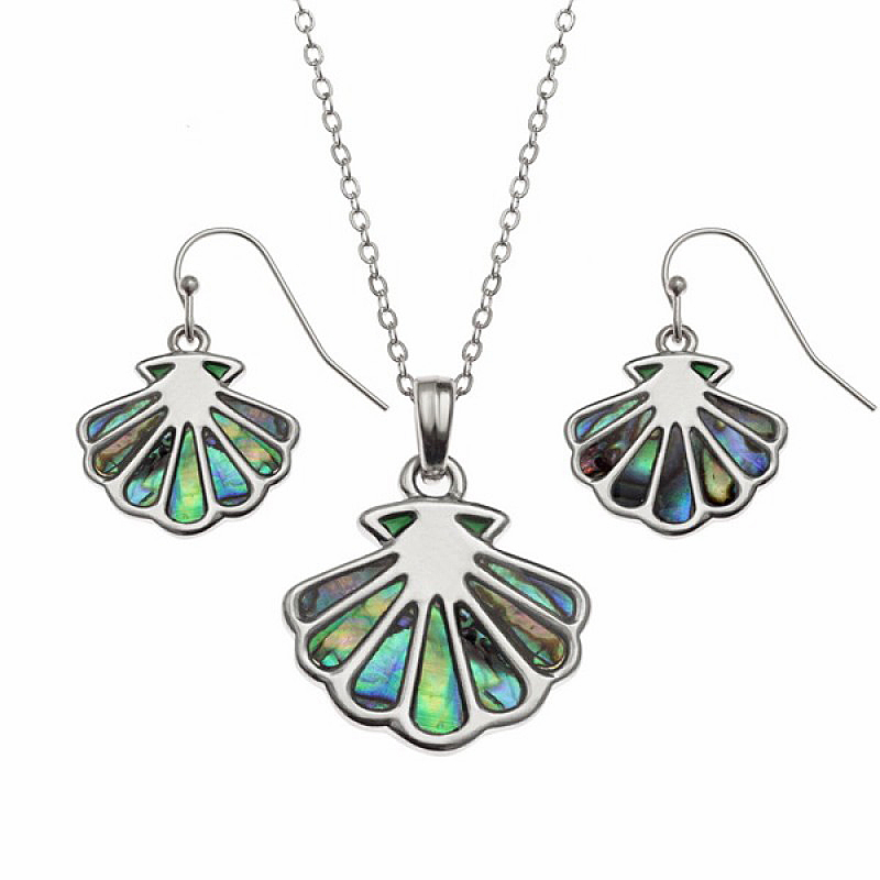 Scallop Shell Paua Abalone Pendant Necklace and Earrings Set Scallop Shell Paua Abalone Pendant Necklace and Earrings Set