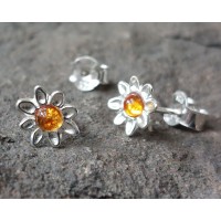 Baltic Amber Daisy Earrings 925 Sterling Silver 