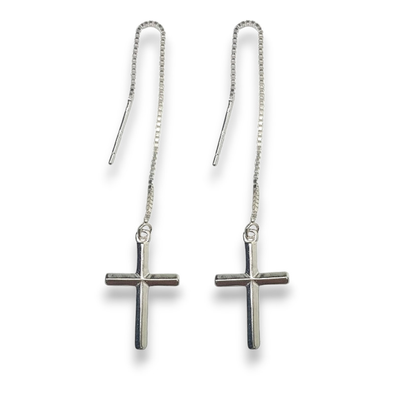 Cross Pull Through Earrings 925 Sterling Silver Cross Pull Through Earrings 925 Sterling Silver
